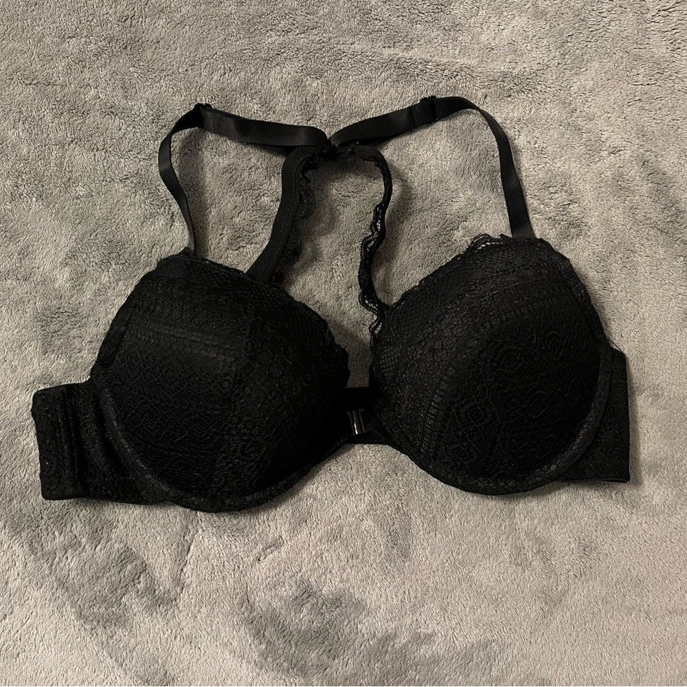 Black lace front closure racer back bra 38C